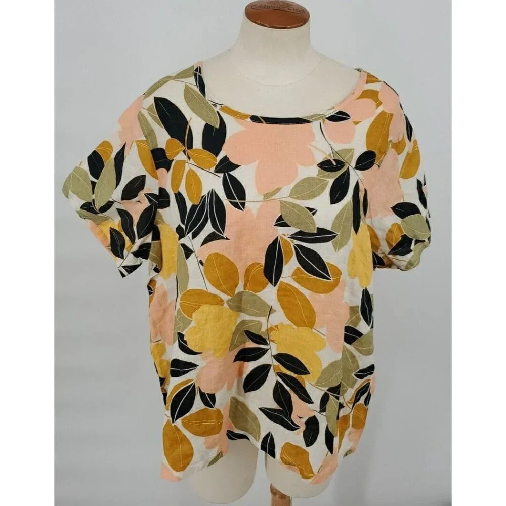 Rachel Zoe Size 1X 100% Linen Tropical Floral Print Short Sleeve Woven Top NWT
